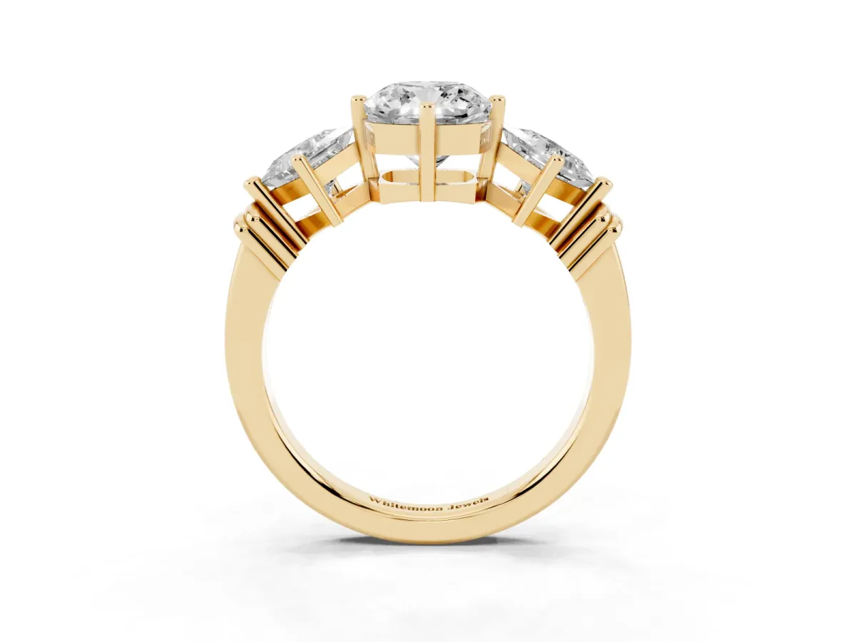 Three-Stone Cushion Cut and Princess Cut Diamond Ring with Channel Band and Four-Prong Setting Yellow gold