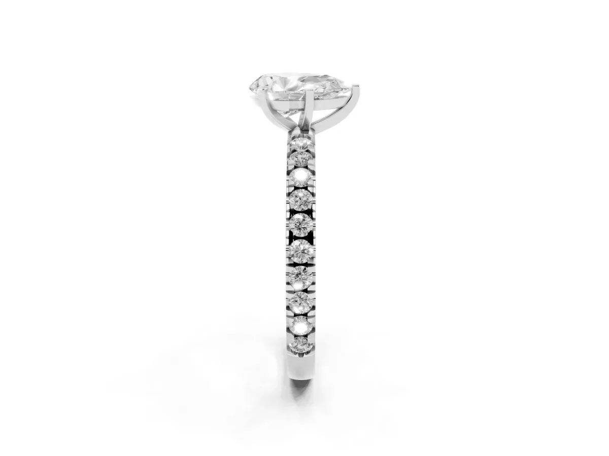 Pear Cut Diamond Pavé Band Solitaire with Four-Prong Setting Silver