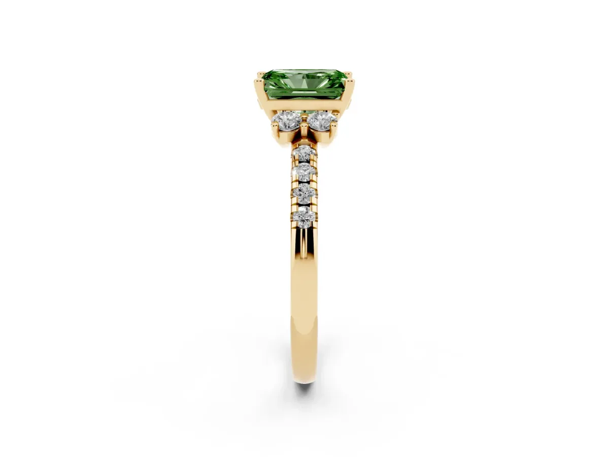 Fancy Green Radiant Cut Diamond Three-Stone Pave Band with Four-Prong Setting Yellow gold