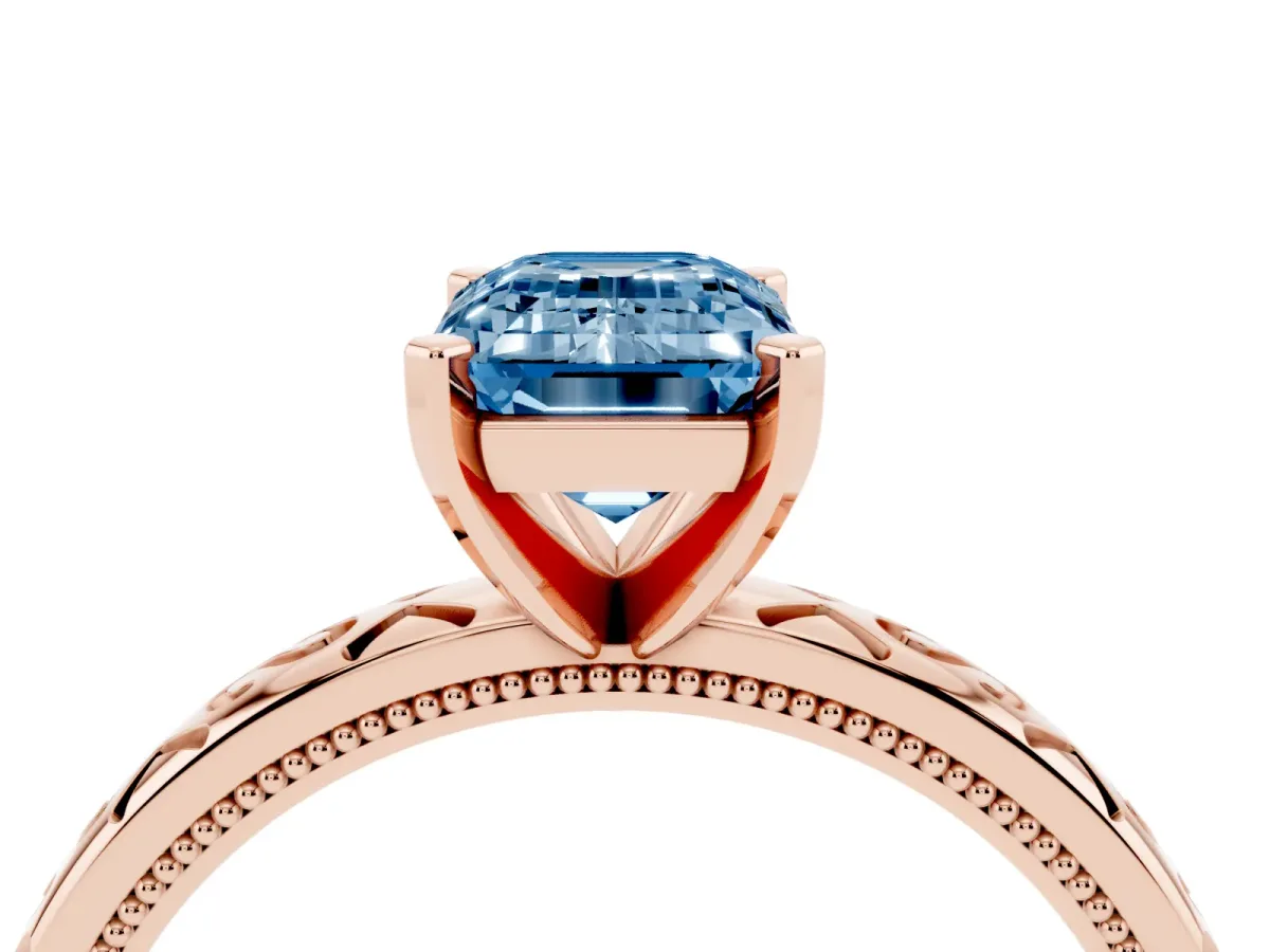 Fancy Blue Emerald Cut Solitaire Engagement Ring with Scrollwork Band and Four-Prong Setting Rose gold