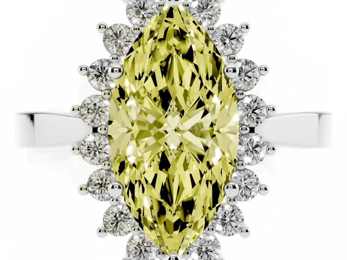 Fancy Yellow Marquise Cut Cut Diamond Halo Ring with Round Brilliant Halo and Solitaire Band Platinum