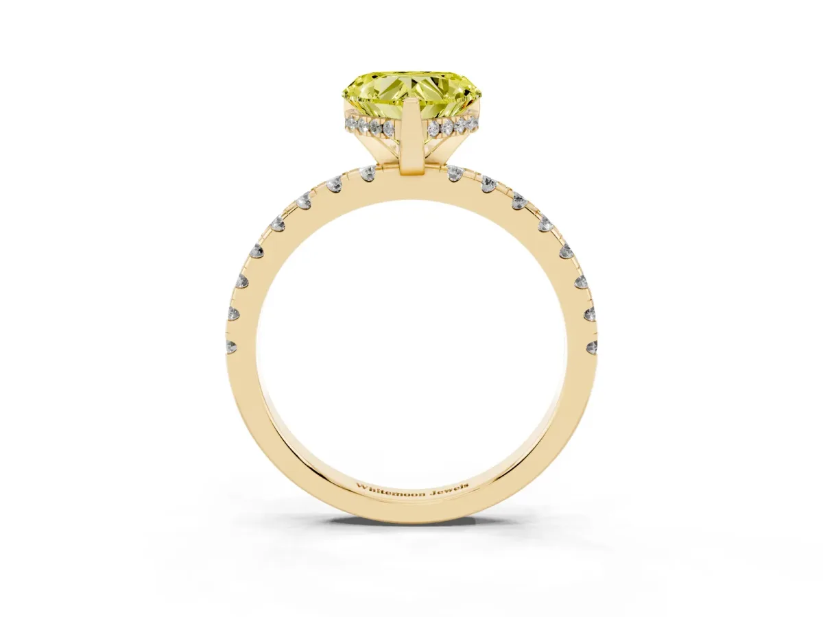 Fancy Yellow Heart Cut Diamond Solitaire Ring with Round Pavé Band and Four-Prong Setting Yellow gold