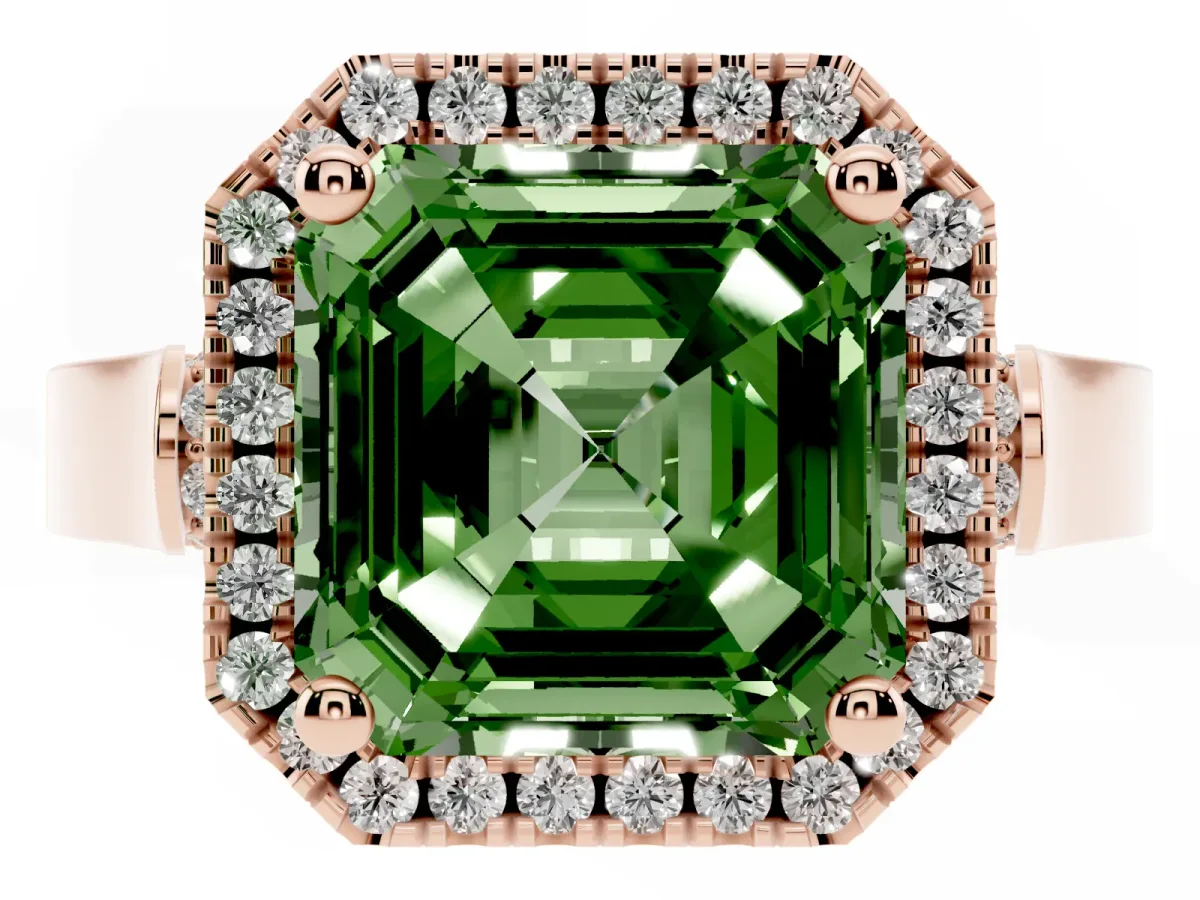 Fancy Green Asscher Cut Halo Pave Split Shank Prong Setting Ring Rose gold
