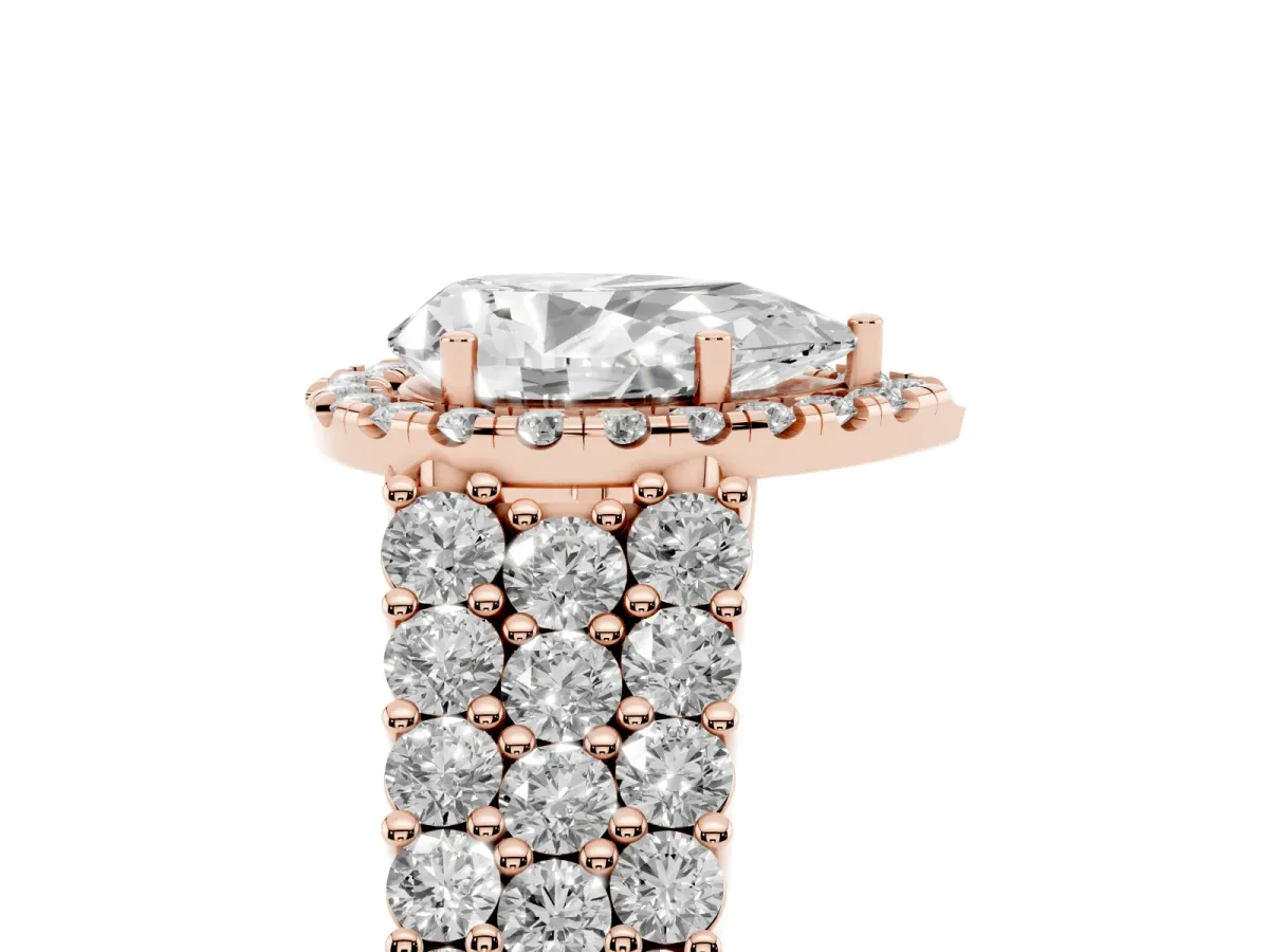 Pear Cut Diamond Halo Engagement Ring with Triple Row Round Pavé Band and Prong Setting Rose gold