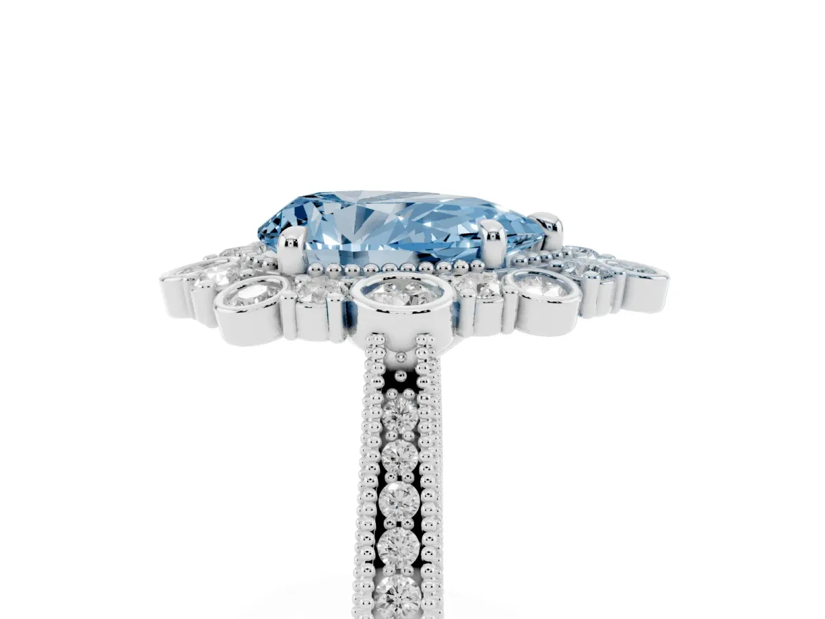 Fancy Blue Pear Cut Halo Milgrain Pave Diamond Ring with Four-Prong Setting Silver