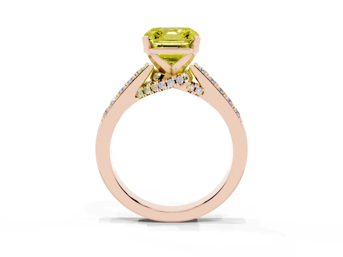 Fancy Yellow Asscher Cut Diamond Solitaire Ring with Crossover Gallery and Round Pavé Band Rose gold