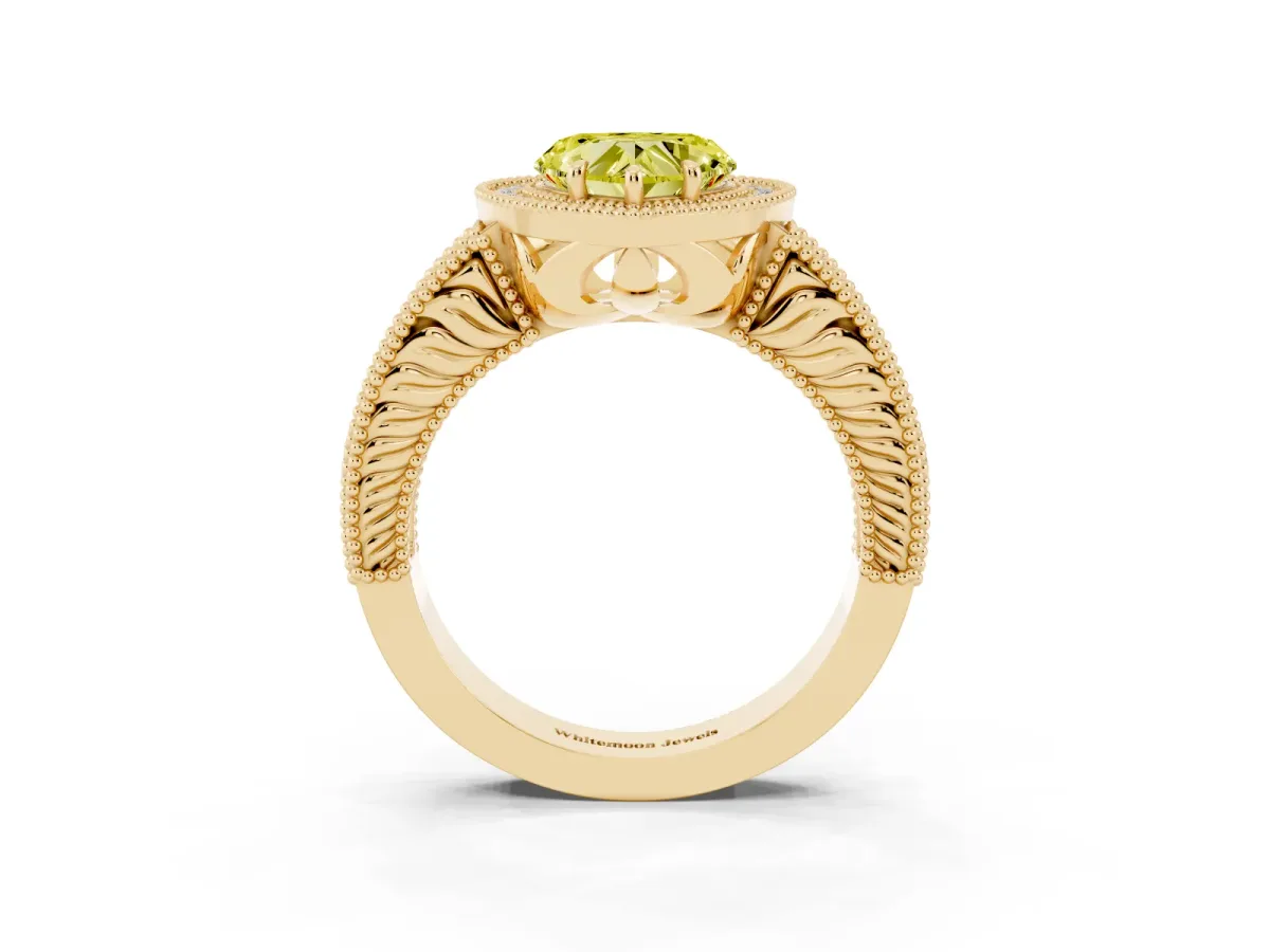 Fancy Yellow Heart Cut Cut Halo Diamond Ring with Pavé Band and Four-Prong Setting Yellow gold