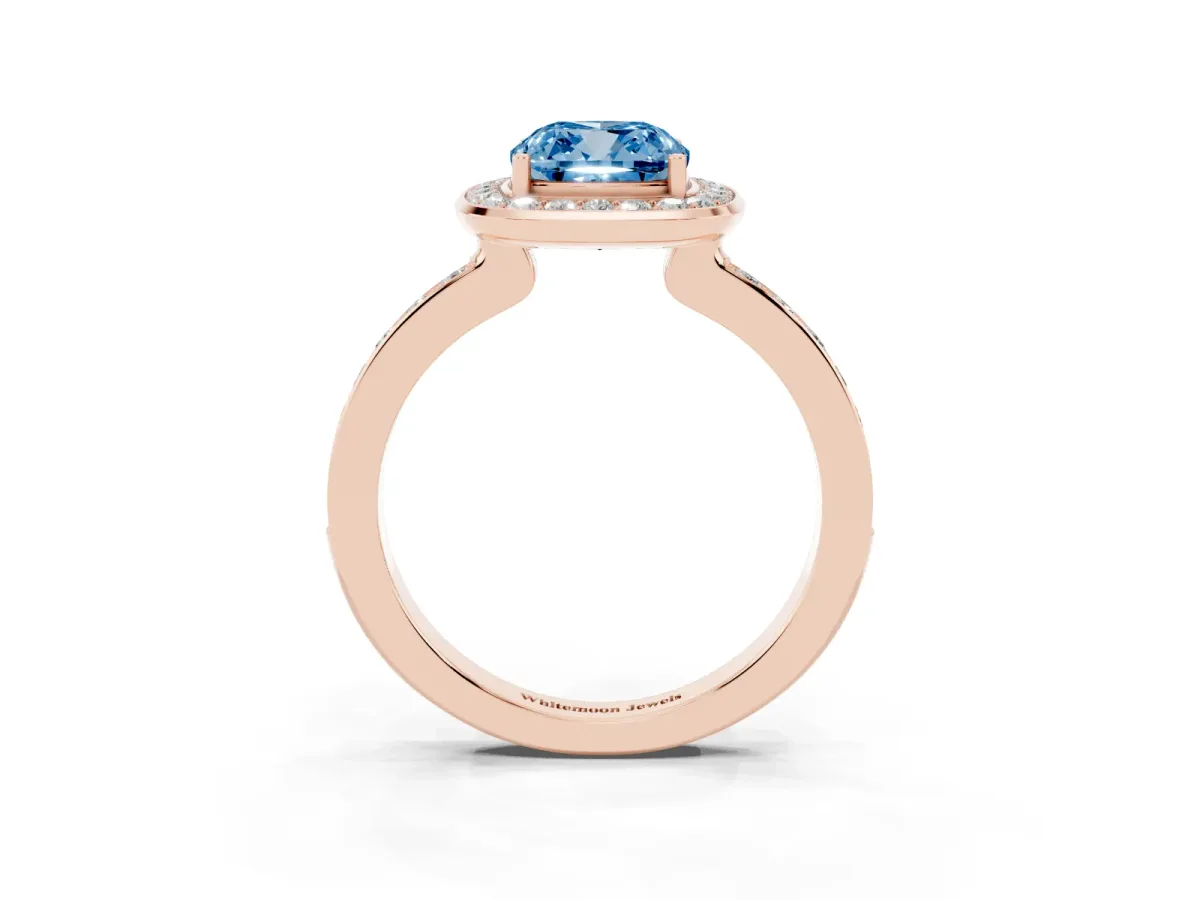Fancy Blue Cushion Cut Diamond Halo Ring with Bezel Frame and Pavé Band Rose gold