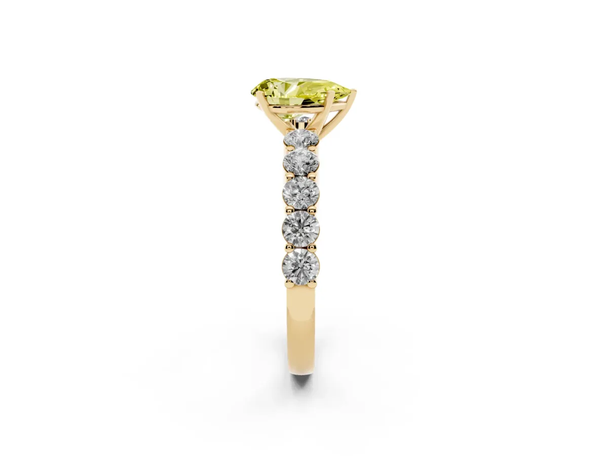 Fancy Yellow Pear Cut Diamond Solitaire Ring with Shared Prong Round Side Stones Yellow gold