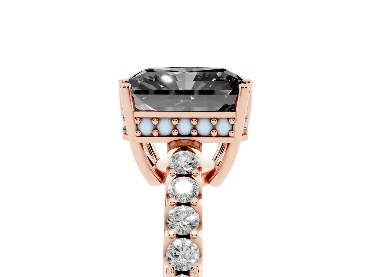 Fancy Black Radiant Cut Solitaire Diamond Engagement Ring with Pavé Band and Six-Prong Setting Rose gold