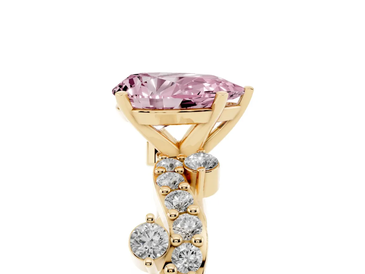 Fancy Pink Pear Cut Cut Solitaire Diamond Twisted Band with Pave Setting Yellow gold