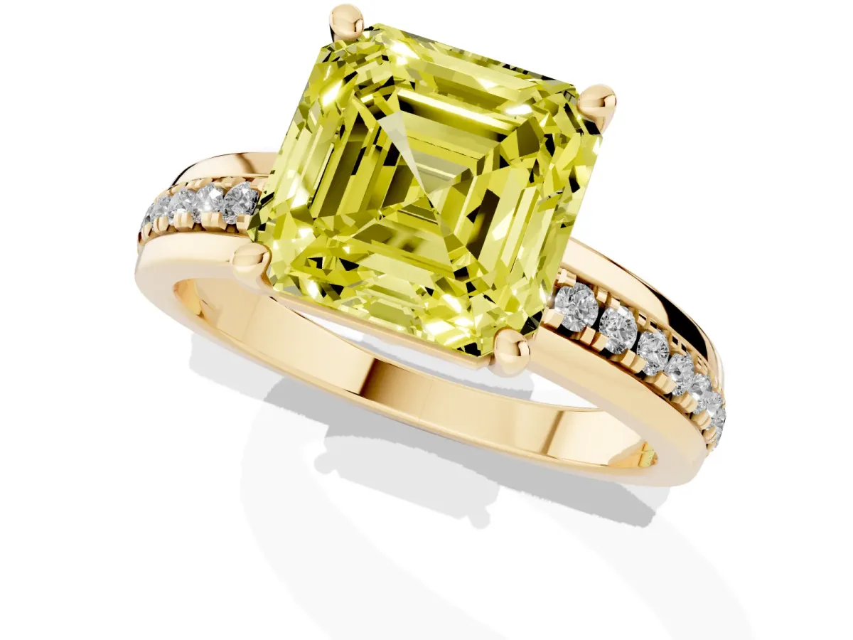 Fancy Yellow Asscher Cut Solitaire Diamond Ring with Channel Set Band and Six-Prong Setting Yellow gold