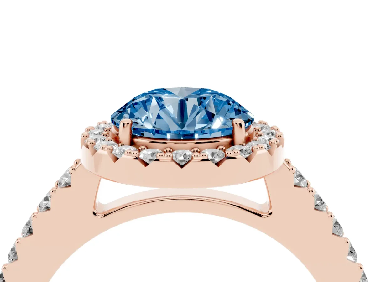 Fancy Blue Round Cut Halo Diamond Pavé Solitaire Ring Rose gold