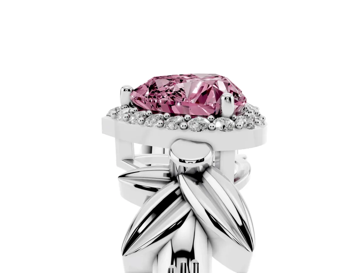 Fancy Pink Heart Cut Halo Diamond Floral Band with Four-Prong Setting Silver
