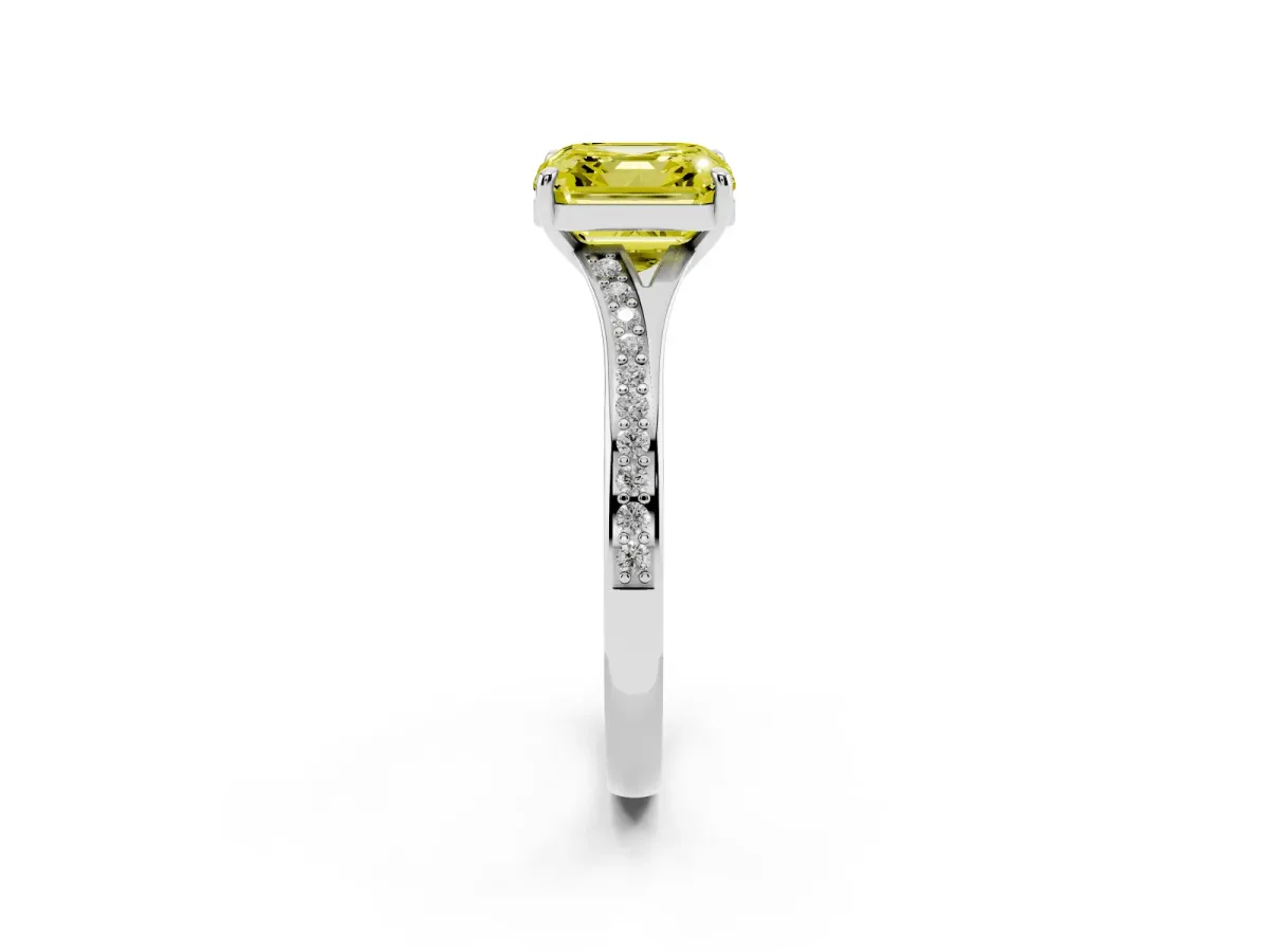 Fancy Yellow Asscher Cut Diamond Solitaire Ring with Pavé Band and Prong Setting Silver