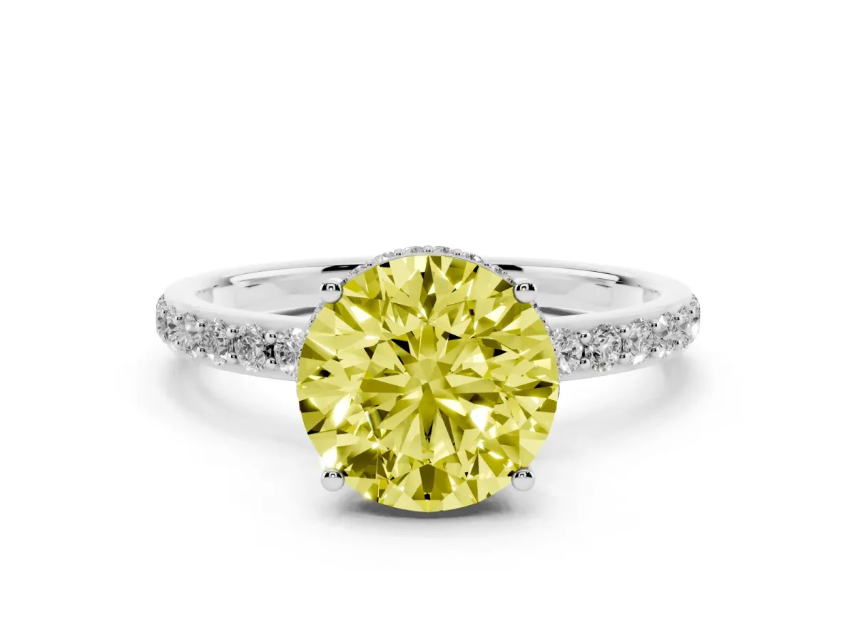 Fancy Yellow Round Cut Diamond Solitaire Ring with Pavé Band and Hidden Halo Silver