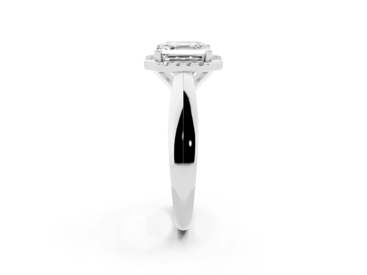 Asscher Cut Cut Halo Solitaire Engagement Ring with Square Band and Four-Prong Setting White gold