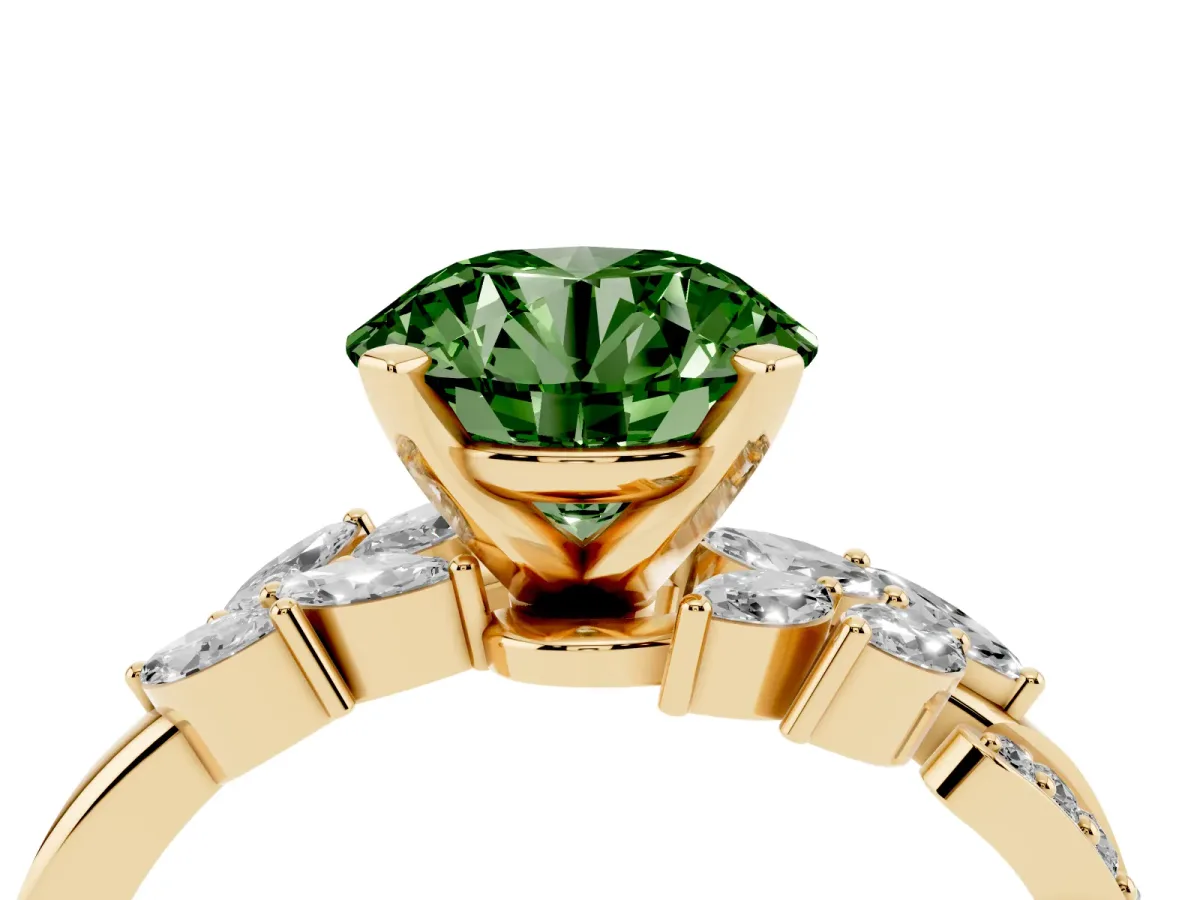 Fancy Green Round Cut Solitaire Marquise Twist Band with Six-Prong Setting Yellow gold
