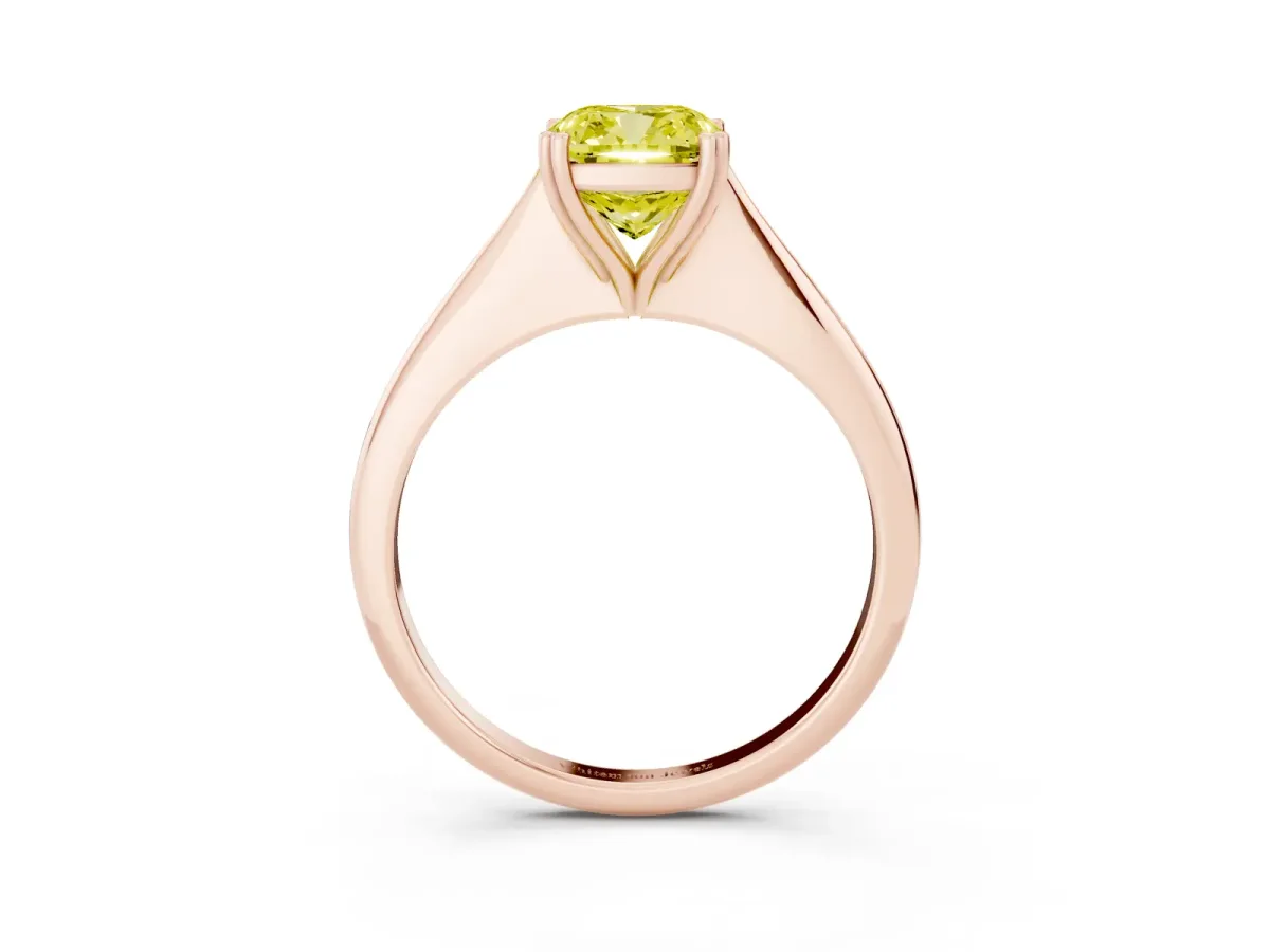 Fancy Yellow Cushion Cut Solitaire Diamond Ring with Six-Prong Setting and Classic Band Rose gold