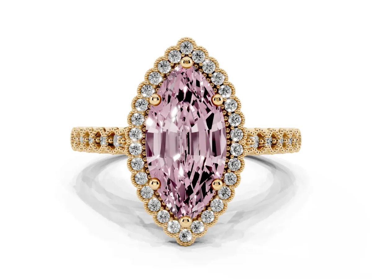 Fancy Pink Marquise Cut Cut Halo Pavé Solitaire Ring with Milgrain Band Yellow gold