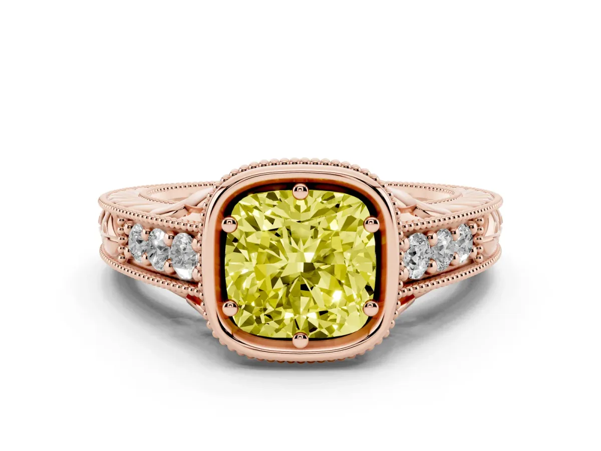Fancy Yellow Bezel Set Cushion Cut Diamond Milgrain Pave Engagement Ring Rose gold