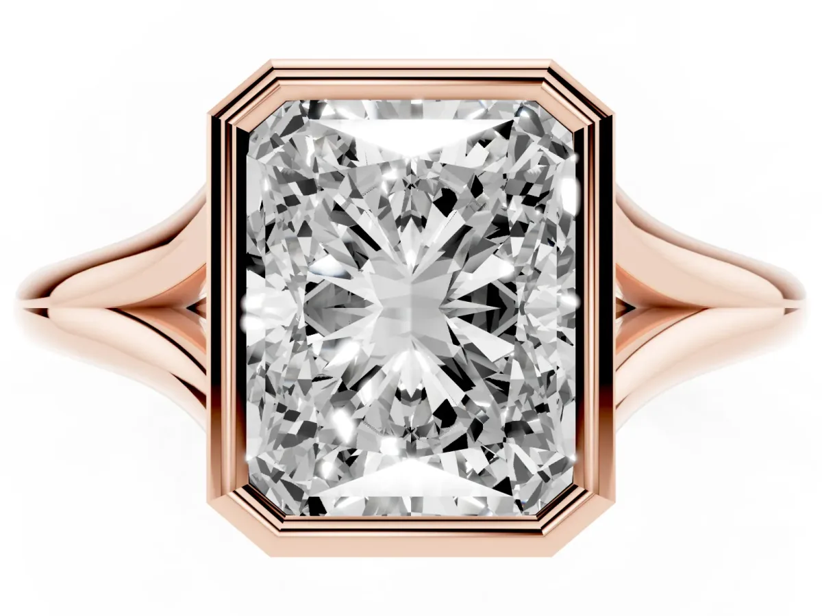 Bezel Set Radiant Cut Cut Solitaire Ring with Tapered Band Rose gold