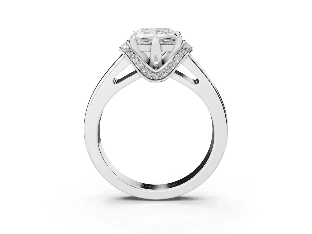 Princess Cut Solitaire Diamond Ring with Pave Band and Six-Prong Setting Silver