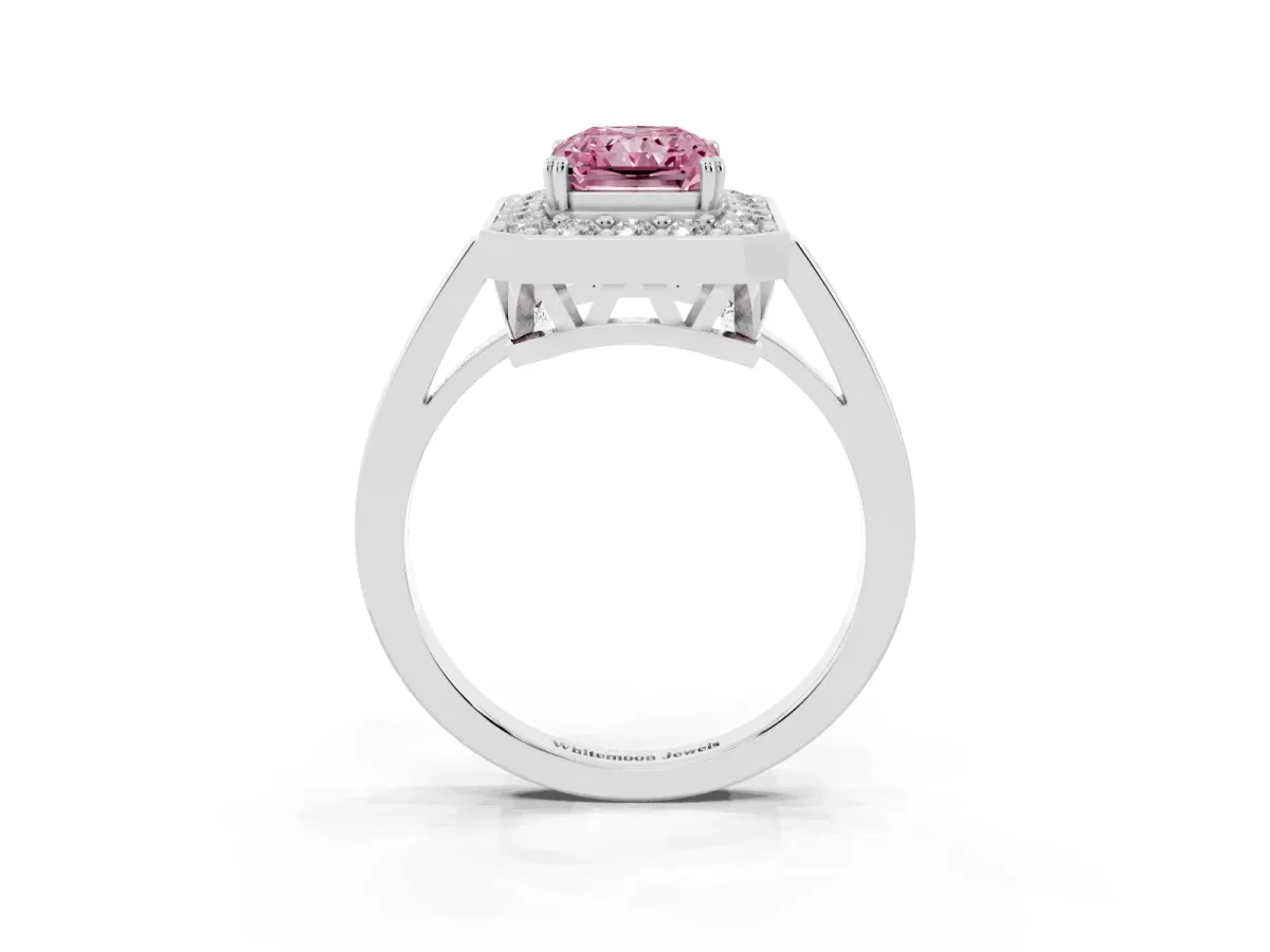 Fancy Pink Radiant Cut Diamond Halo Ring with Split Shank and Four-Prong Setting Silver