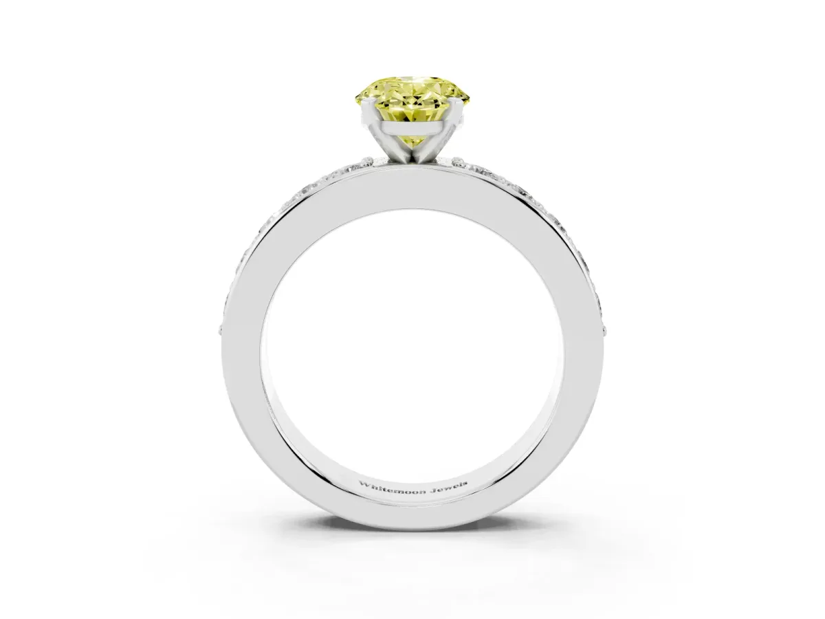 Fancy Yellow Oval Cut Diamond Engagement Ring with Channel Set Round Band and Prong Setting Silver