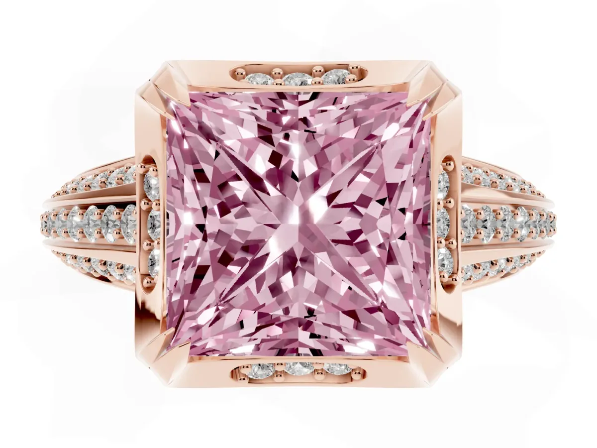 Fancy Pink Princess Cut Solitaire Pave Split Shank Ring with Four-Prong Setting Rose gold