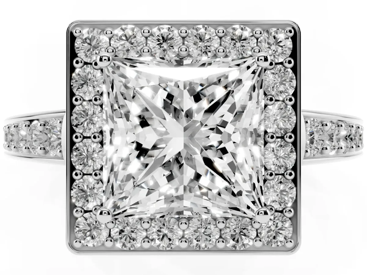 Princess Cut Halo Pavé Diamond Engagement Ring with Bezel Setting Silver