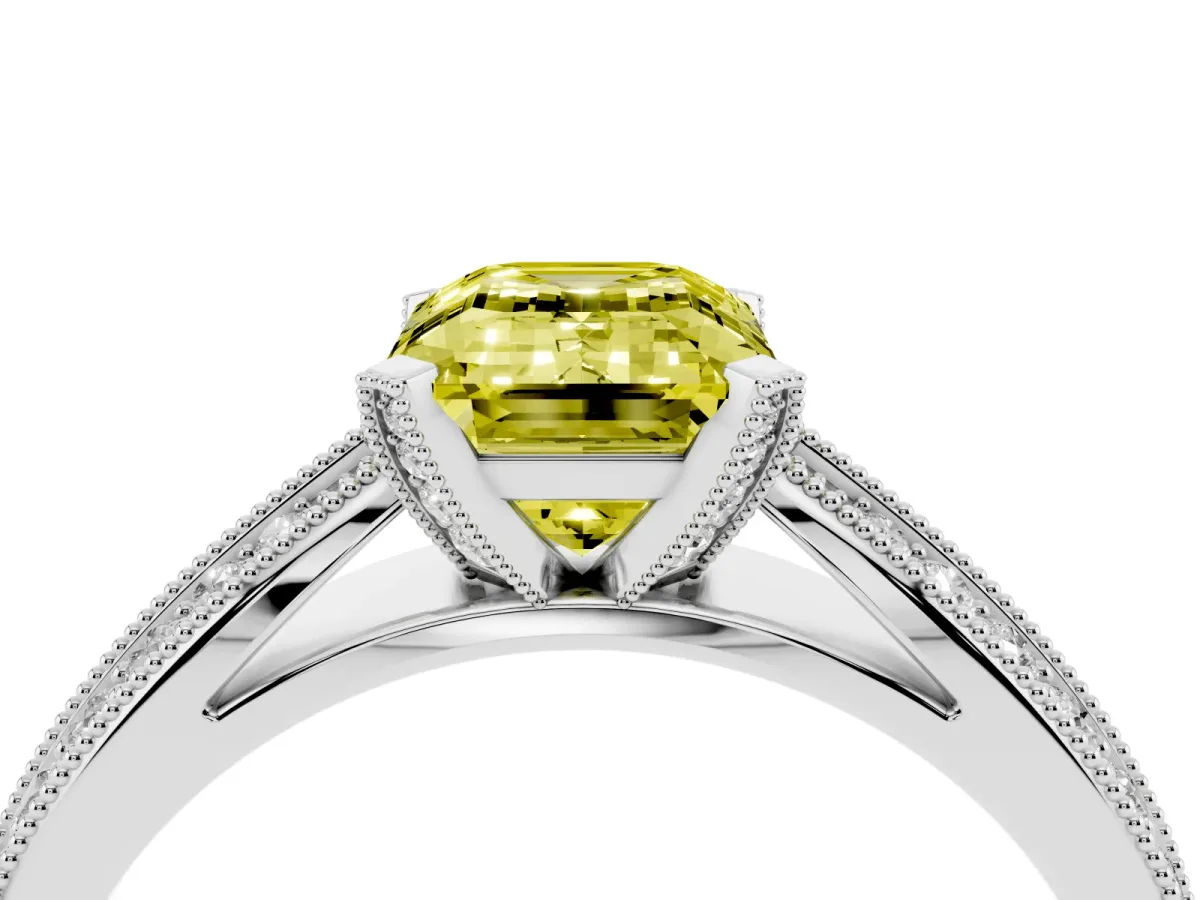 Fancy Yellow Emerald Cut Diamond Solitaire Ring with Milgrain Round Pavé Band and Prong Setting Silver