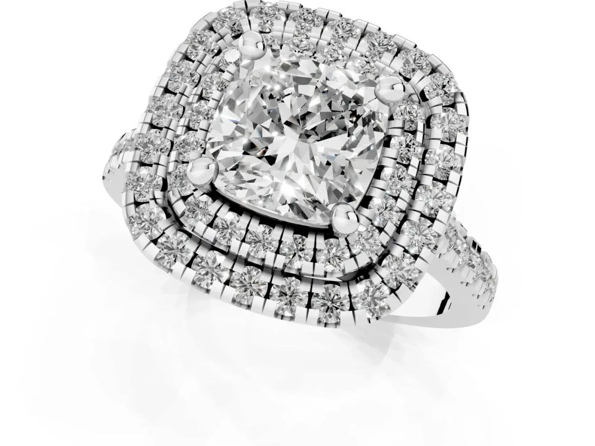 Double Halo Cushion Cut Diamond Pavé Band with Four-Prong Setting Silver