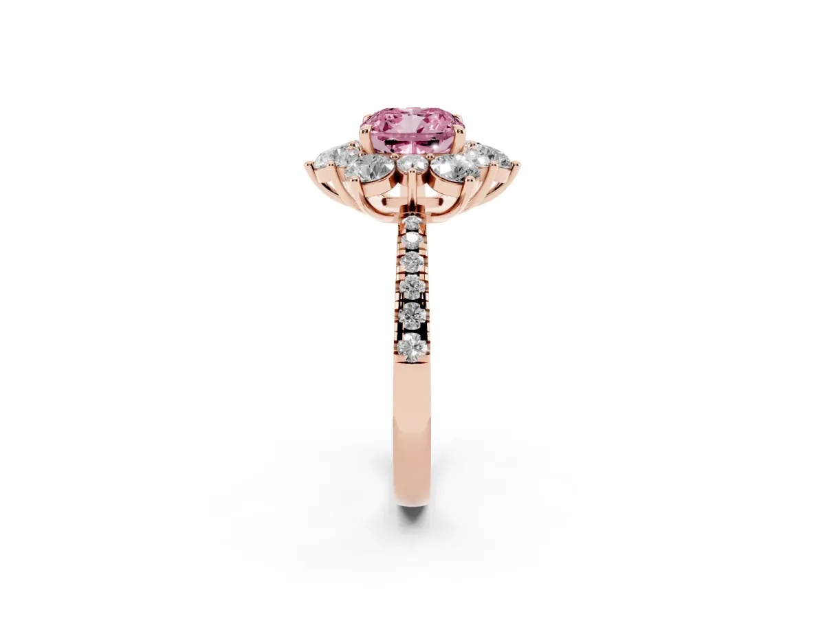 Fancy Pink Cushion Cut Diamond Floral Halo Ring with Round Pavé Band and Prong Setting Rose gold