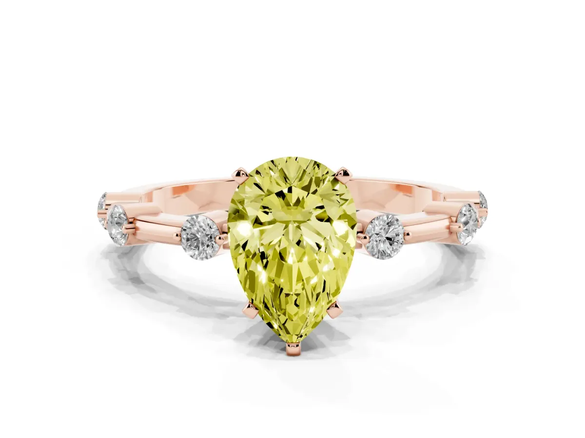Fancy Yellow Pear Cut Solitaire Diamond Ring with Bezel Set Side Stones and Prong Setting Rose gold