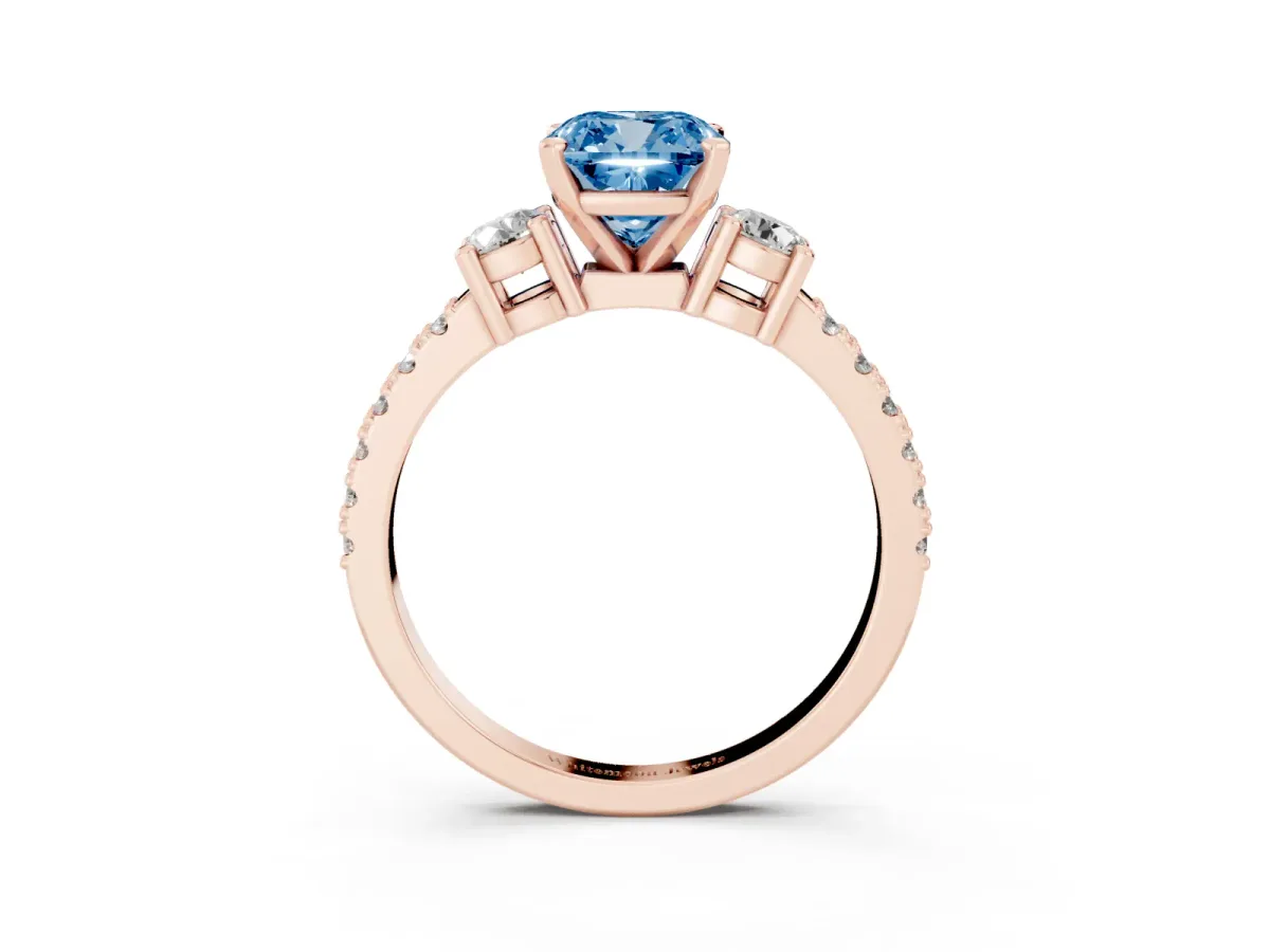 Fancy Blue Cushion Cut Three-Stone Diamond Pavé Band with Prong Setting Rose gold