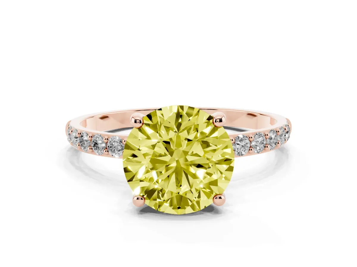 Fancy Yellow Round Cut Diamond Solitaire Ring with Round Pavé Band and Prong Setting Rose gold