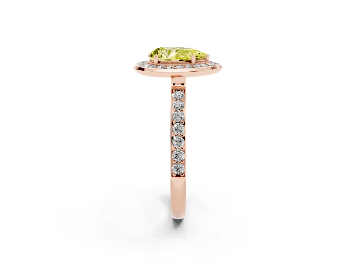 Fancy Yellow Pear Cut Diamond Halo Ring with Bezel Frame and Pavé Band Rose gold