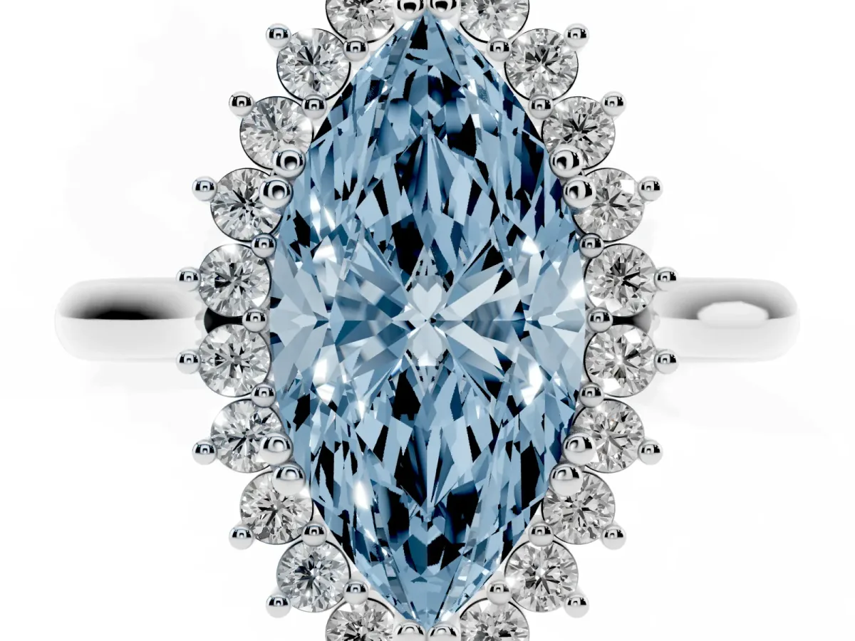 Fancy Blue Marquise Cut Cut Diamond Halo Ring with Solitaire Band and Prong Setting Silver