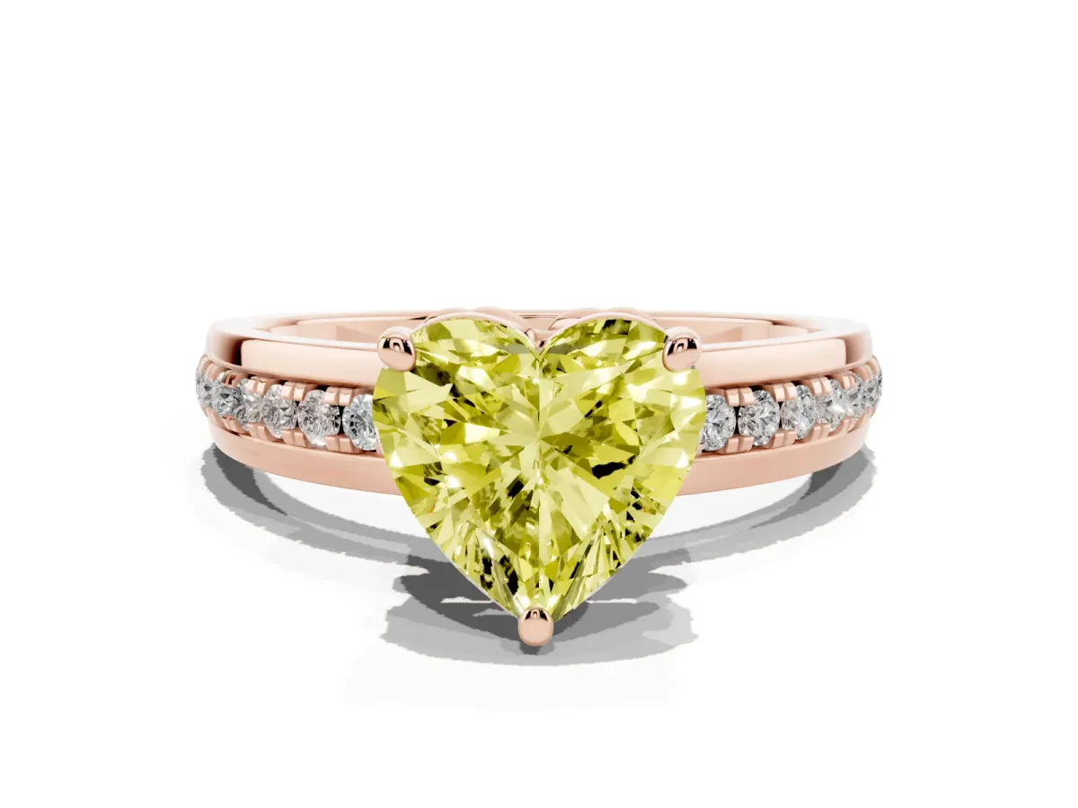 Fancy Yellow Heart Cut Solitaire Diamond Ring with Channel Set Band and Six-Prong Setting Rose gold