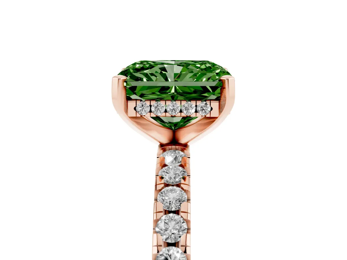 Fancy Green Radiant Cut Diamond Solitaire Ring with Round Pavé Band and Four-Prong Setting Rose gold