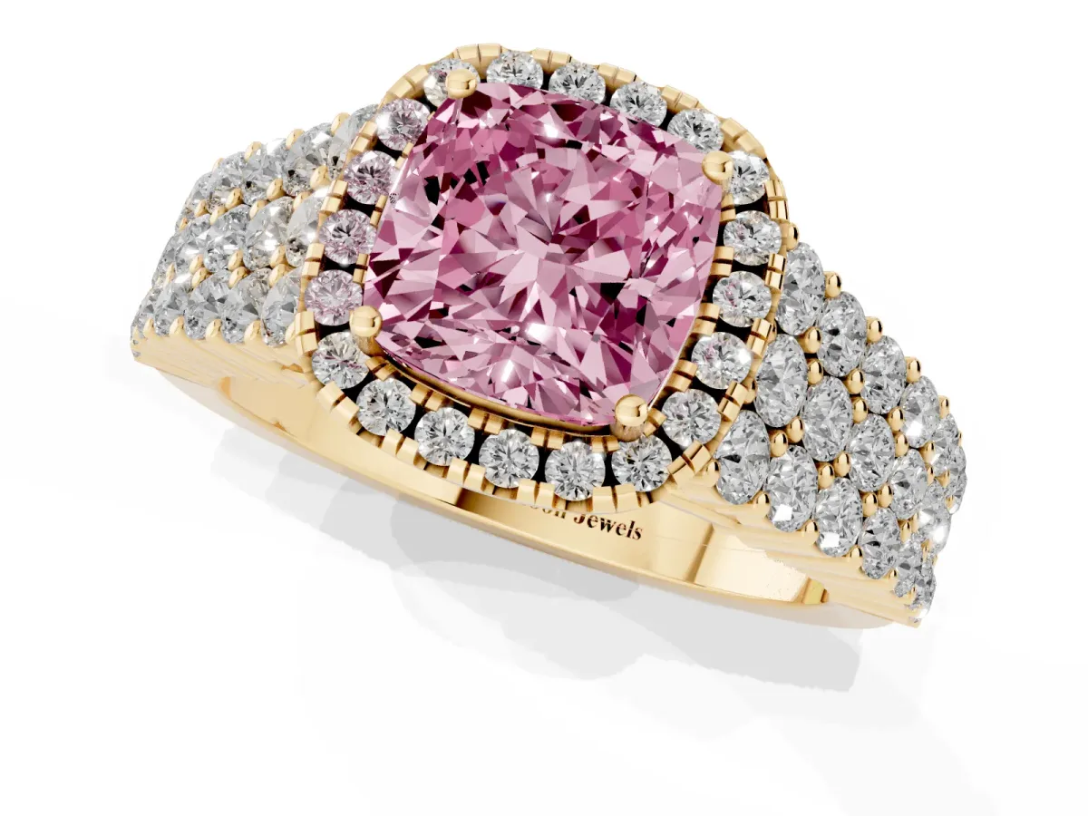 Fancy Pink Cushion Cut Diamond Halo Engagement Ring with Triple Row Round Pavé Band and Prong Setting Yellow gold