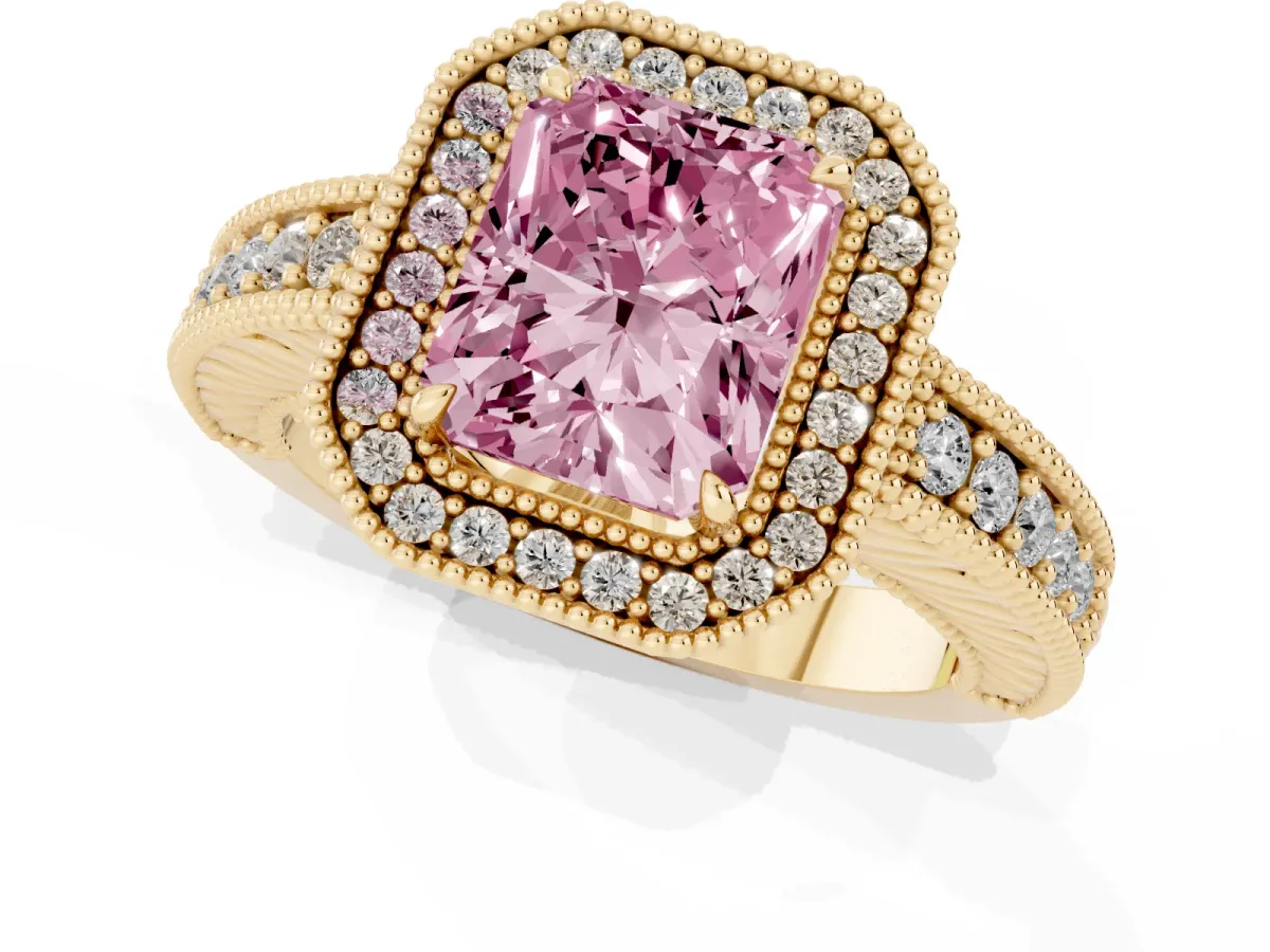 Fancy Pink Radiant Cut Cut Halo Diamond Ring with Pavé Band and Four-Prong Setting Yellow gold