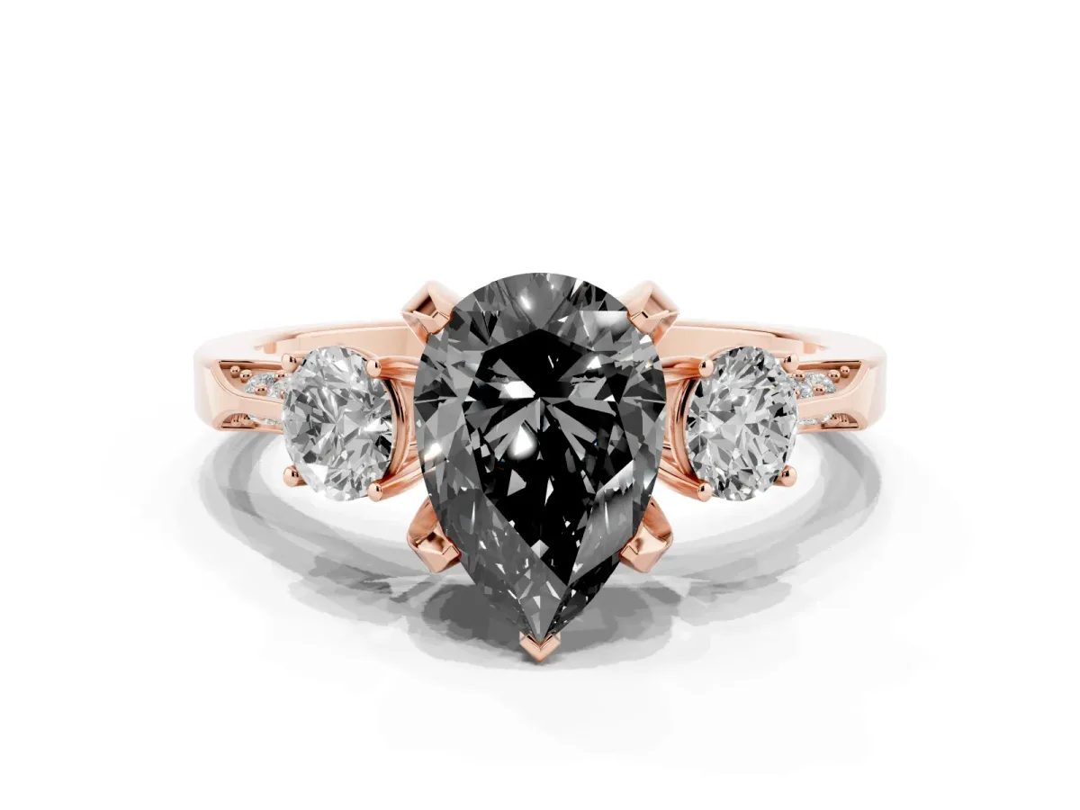 Fancy Black Pear Cut Brilliant Three-Stone Diamond Ring with Pavé Band and Four-Prong Setting Rose gold
