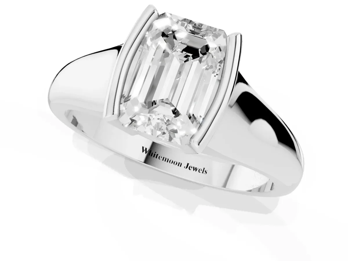Emerald Cut Solitaire Tension Set Diamond Ring with Split Shank Band Platinum