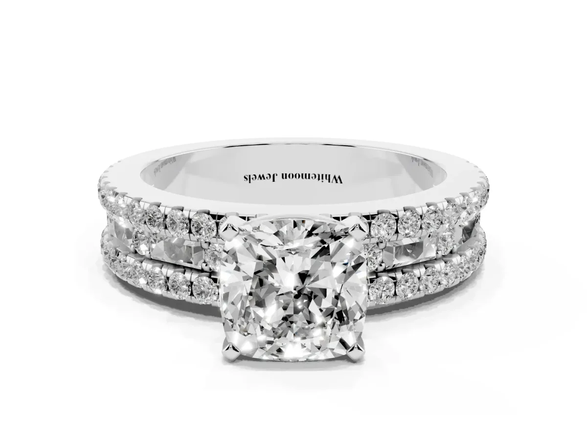 Cushion Cut Diamond Solitaire Ring with Pavé and Channel Set Band Silver
