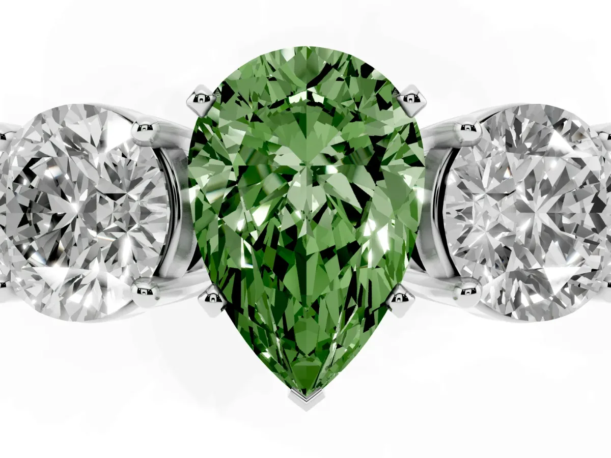 Fancy Green Three-Stone Pear Cut Diamond Ring with Round Side Stones, Classic Band, and Four-Prong Setting Platinum