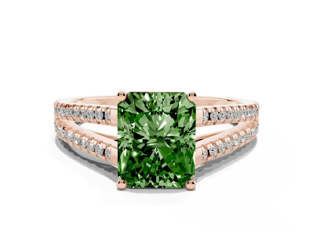 Fancy Green Radiant Cut Diamond Solitaire Engagement Ring with Split Shank Pavé Band Rose gold