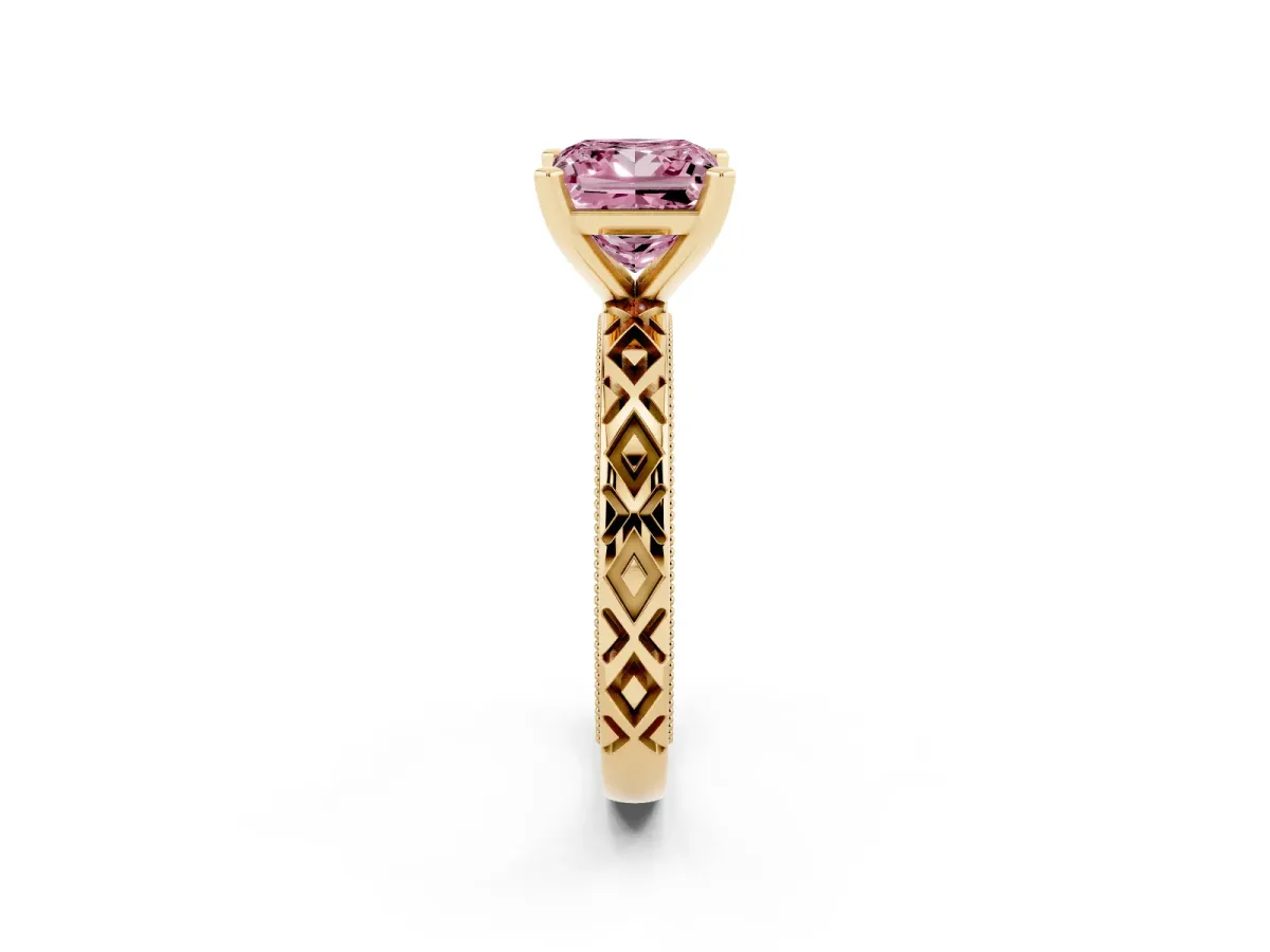 Fancy Pink Princess Cut Solitaire Diamond Ring with Milgrain and Black Enamel X Pattern Band Yellow gold