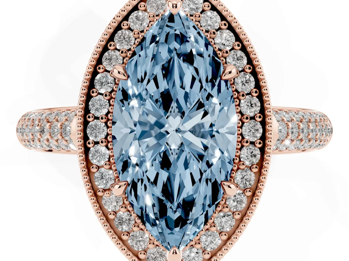 Fancy Blue Marquise Cut Cut Halo Diamond Pave Band with Four-Prong Setting Rose gold